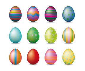 Twelve colorful shiny easter eggs with various patterns