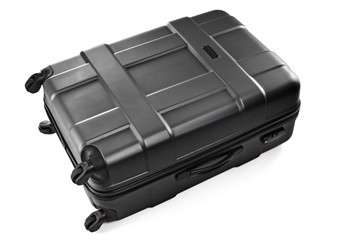 Large plastic black suitcase on wheels for traveler luggage