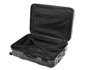 Opened empty large traveler suitcase isolated on white background