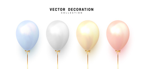 Balloon isolated on white background. Holiday element design realistic baloon with gold ribbon and bow - obrazy, fototapety, plakaty