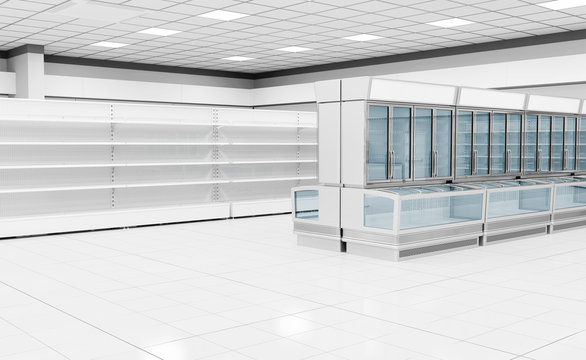 Interior empty supermarket with  showcases freezer. 3d illustration