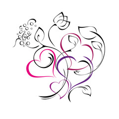 decorative ornament of four pink hearts among flowers on white background