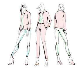 Stylish fashion models. Pretty young girls. Fashion womans Sketch