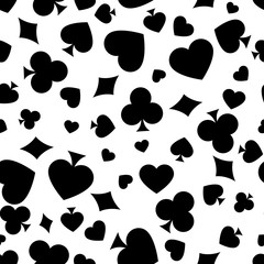 Fototapeta na wymiar Set of playing card suits. Four card suits. Spades, clubs, diamonds, hearts. Seamless background pattern - Illustration.