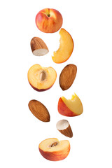 Flying peach fruits isolated on white background