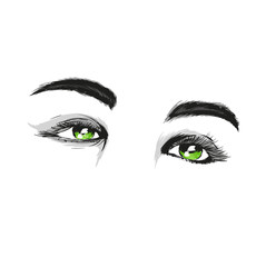 Hand-drawn woman's sexy makeup look with perfectly perfectly shaped eyebrows and extra full lashes. Perfect salon look. Eyelashes