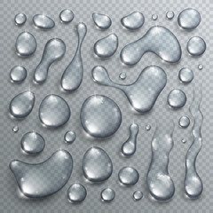 Water drops set vector realistic 3d elements collection, transparent dew condensation drops over transparency checker mesh, ready to put over any background.