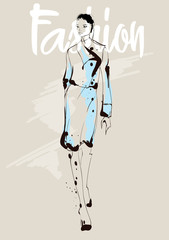 Fashion girl sketch. Fashion illustration. Drawing fashion model