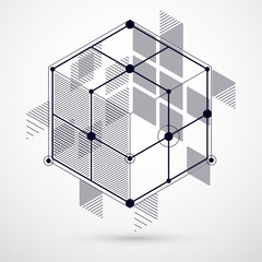 Abstract vector geometric isometric black and white background. Mechanical scheme, vector engineering drawing with cube and geometric mechanism parts.