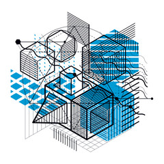 Abstract design with 3d linear mesh shapes and figures, vector isometric background. Cubes, hexagons, squares, rectangles and different abstract elements.