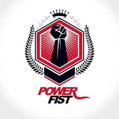 Vector emblem created using clenched fist of a strong man, laurel wreath and royal crown.  Boxing championship conceptual emblem.