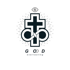 Fototapeta premium True Infinite Christian Belief in God, vector creative symbol design, combined with infinity eternal loop and Christian Cross, vector logo or sign.