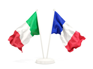 Two waving flags of Italy and france