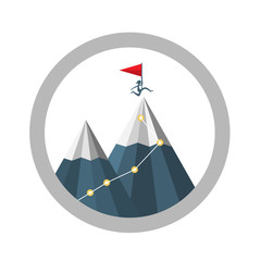 Mountain Top Achievement Vector Symbol with Jumping Man Silhouette with Flag. Business Success Concept.