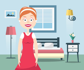 Lady of the House. Happy Woman in Bedroom. Vector Interior Design with bed, Window and Lamps.