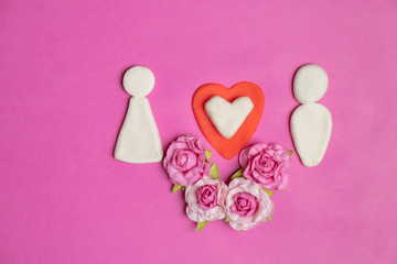 love cartoon doll theme with hearts on pink background, Love icon, valentine's day, relationships concept with copy space