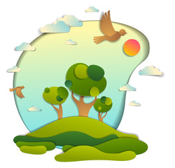 Fototapeta premium Green fields and trees scenic landscape of summer with clouds birds and sun in the sky, paper cut style childish illustration, holidays in countryside, travel and tourism theme.