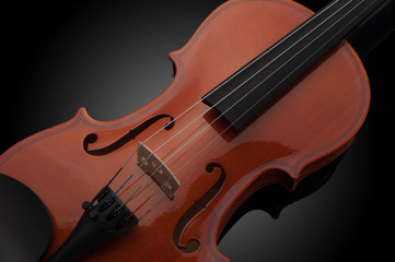 Violin musical instruments of orchestra closeup on black