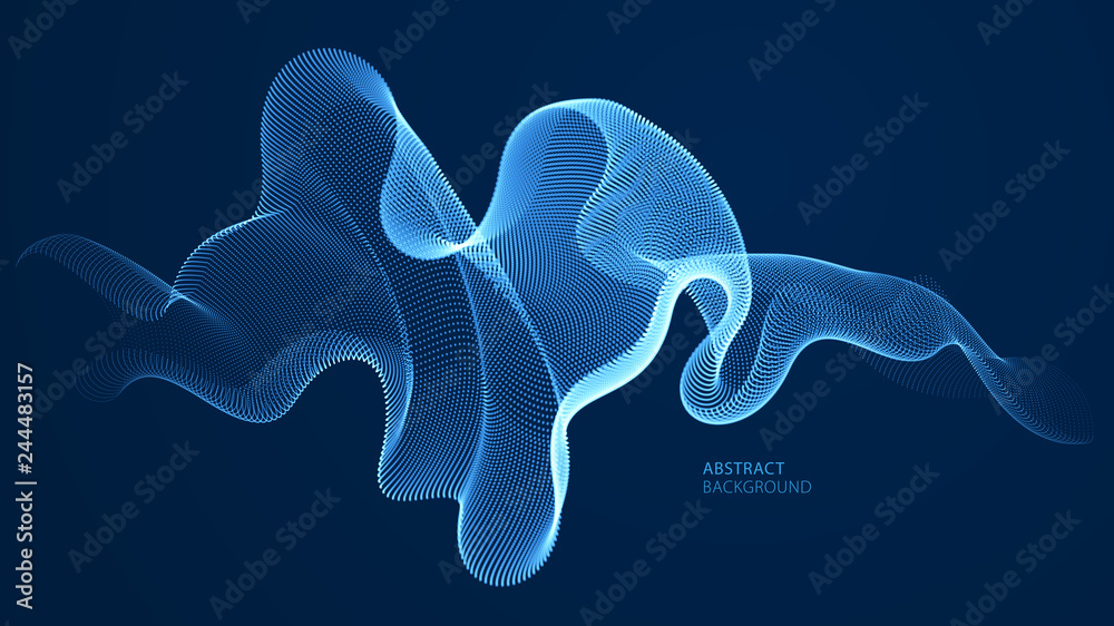 Poster wave line of flowing particles over dark abstract vector background, smooth curvy shape shining dots