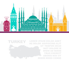 Template leaflets with a map of Turkey and landmarks of Istambul