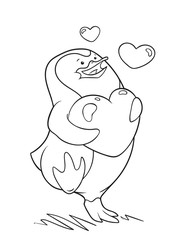 Cute penguin is walking holding a heart in his wings