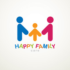 Happy family simple vector logo or icon created with people geometric signs. Tender and protective relationship of father, mother and child.