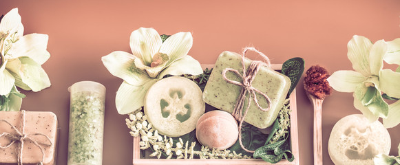 Spa composition with the items body care on colored background