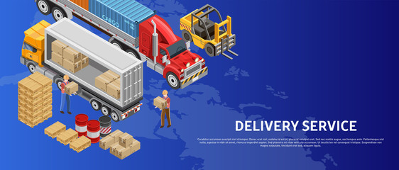 Colorful isometric design of banner for delivery service promotion showing workers loading truck