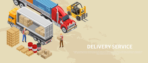 Modern vector isometric design of delivery service web banner with workers loading transport for shipment