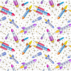 Space seamless background with rockets and stars, undiscovered galaxy cosmic fantastic and interesting textile fabric for children, endless tiling pattern, vector illustration cartoon motif.