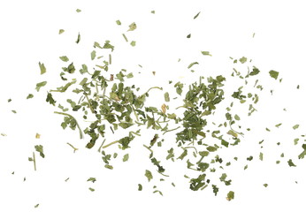 Chopped dry parsley leaves, pile isolated on white background, top view
