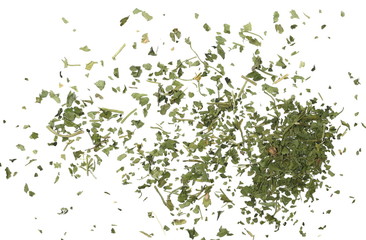 Chopped dry parsley leaves, pile isolated on white background, top view