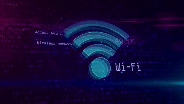 Wi-fi sign on digital background. Network communication and computer wireless net symbol seamless and loopable animation. 3D shape and contour of wifi icon.