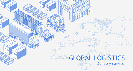 Isometric design of worldwide delivery service with blueprint trucks and containers 