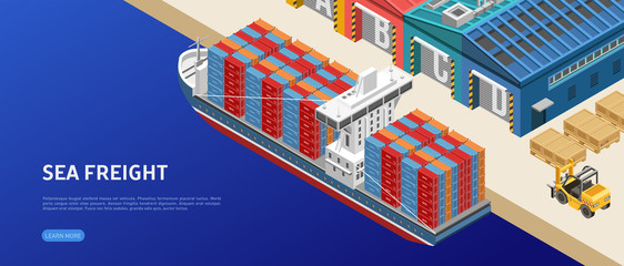 Large freight ship loaded with containers floating near warehouses in cargo port © studioworkstock