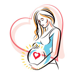 Pregnant female surrounded by heart shape frame hand drawn vector illustration, beautiful lady gently touching her belly. Love and tenderness concept.