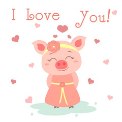 Congratulations on Valentine s Day. Cute pig in a dress and a bezel with a flower on the background of hearts. Flat design, cartoon style, vector