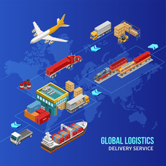 Lines and arrows connecting various freight vessels and vehicles with storage facility on isometric scheme over world map