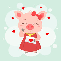 Congratulations on Valentine s Day. A piglet in love in a red dress and a bow holds an envelope with a heart. Flat design, cartoon style, vector