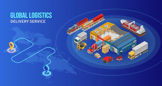 Delivery route depicted on world map near circle with various isometric freight transport and warehouse