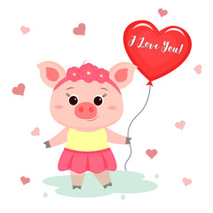 Congratulations on Valentine s Day. A cute pig with a rim of flowers and a dress is standing and holding a heart-shaped balloon. Flat design, cartoon style, vector