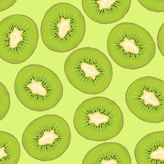 Fototapeta premium Seamless pattern with kiwi slices on light green background. Vector illustration of tropical fruits in cartoon flat style.
