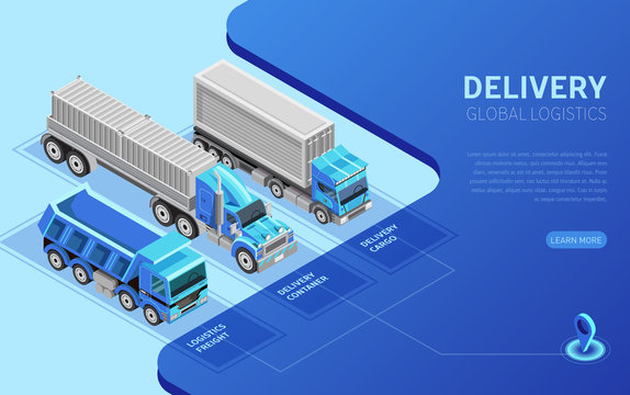 Three isometric freight trucks of various types depicted near description for website page