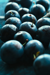 many fresh plums on blue background close up