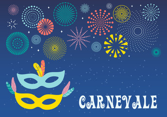 Colorful fireworks, carnival masks, feathers, confetti on dark background, with Italian text Carnevale. Vector illustration. Flat style design. Concept banner, poster, flyer, card decorative element