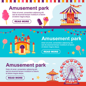 Amusement park horizontal banner with carousel, flags, inflatable trampoline castle, ferris wheel. Set family attractions flyer flat vector illustration