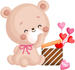 A Vector of Cute Little Bear Holding Gift Box Full of Heart Balloons