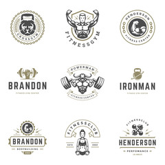 Set fitness center and sport gym logos and badges design vector illustration.
