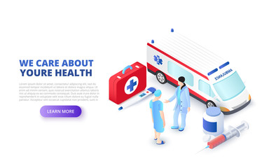 Medical concept with ambulance car and doctors. Isometric vector illustration. Landing page template for web