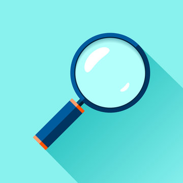 Magnifying glass icon in flat style. Search loupe on color background. Vector design object for you business project 